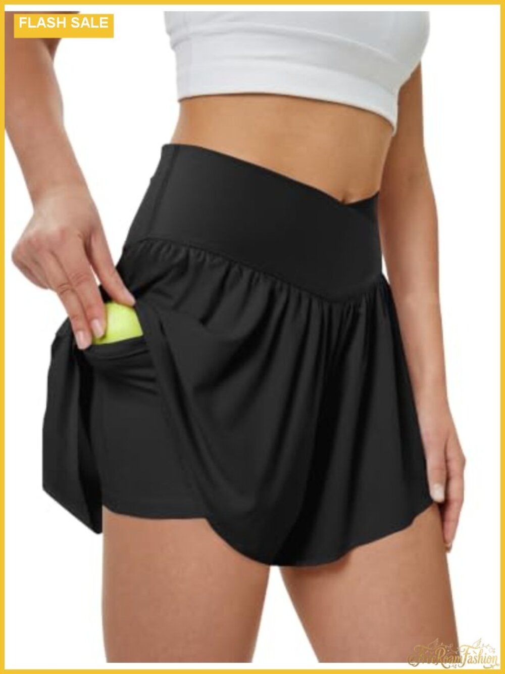 Women's Athletic Running Shorts with Pockets, High-Waist Double Layer Flowy